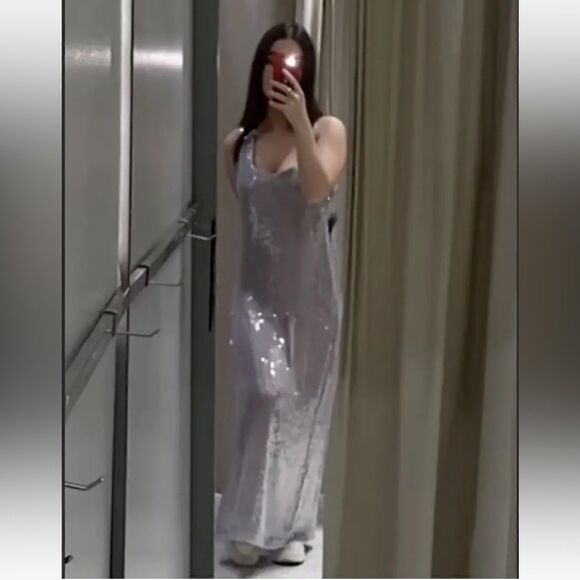 ZARA SEQUIN MIDI DRESS SILVER - Picture 2 of 6